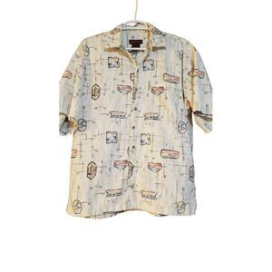 Vintage Sportif Shirt XL Mens All Over Print Cream Button Up Outdoors Athlesiure
